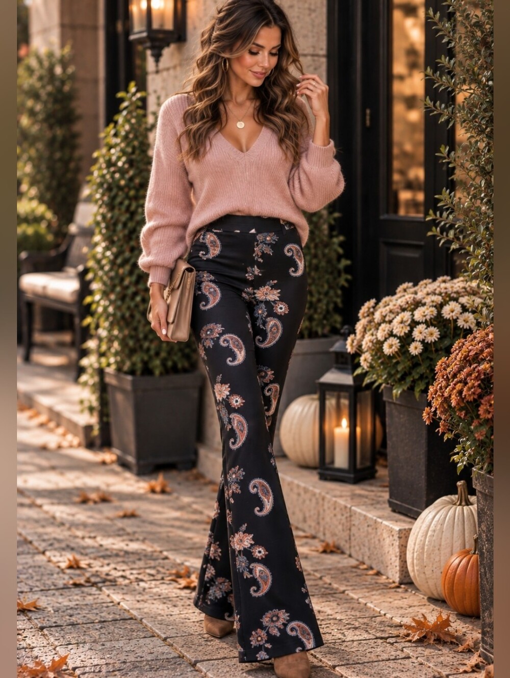 High Rise Waist Black Paisley Floral Flare Pants Pink Blush Boho Bell Bottoms XS